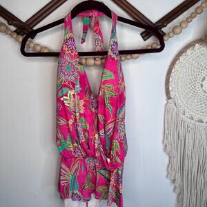 Johnny Was Flamingo Vibrant Pink Floral Halter Tankini